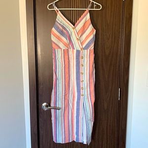 V Neck Button Front Midi Dress S